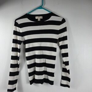 MICHAEL KORS Women‎ Black White Stripe Ribbed Long Sleeve Sweater Top Size XS